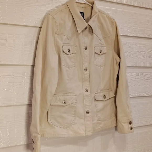 GAP Womens LG 100% Cotton Cream Colored Denim Utility Jacket Classic Rodeo - Picture 2 of 8
